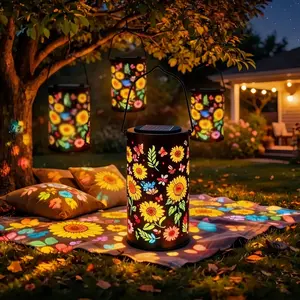 Colorful Sunflower Glow Solar Garden Lantern, Outdoor Waterproof Hanging Solar Light with Butterfly & Sunflower Projection Effect. Metal Decorative Light for Patio, Yard, Pathway, Garden & Ideal Gift Choice (1 Piece)