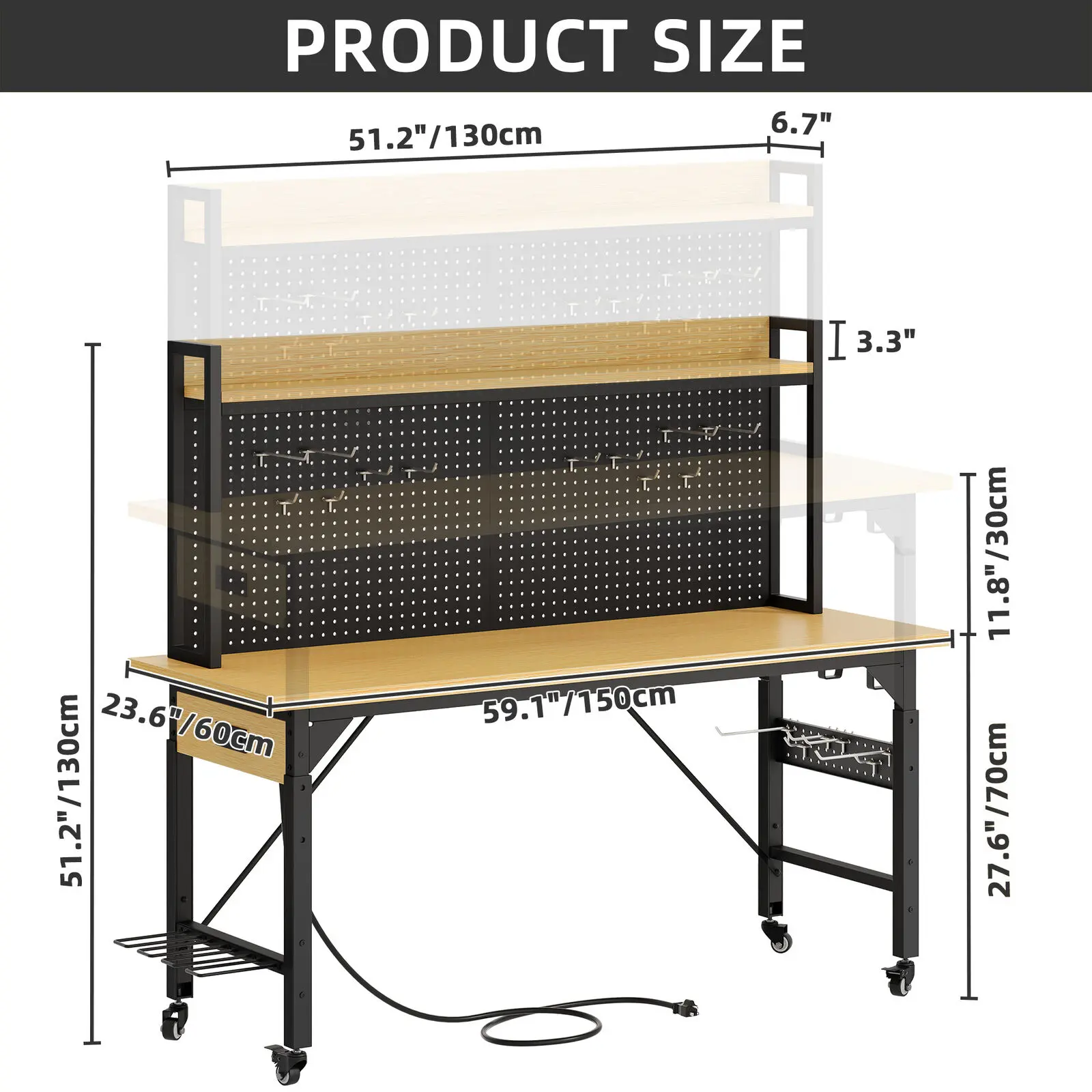 60" Adjustable Workbench with Pegboard