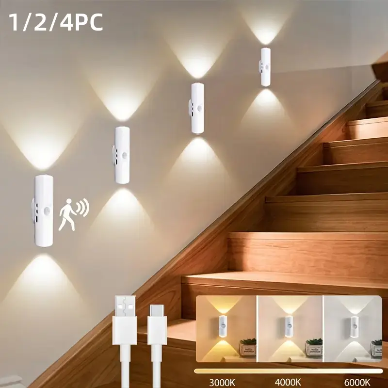 1/2/4 LED Adjustable Leds Ambient Night Lights with Motion Sensor, USB Rechargeable Wall Mount Design, Adjustable Brightness, Light Dimmable, Modern Style Indoor Lighting LED Nightlight for Hallway, Bedside Table, Desk