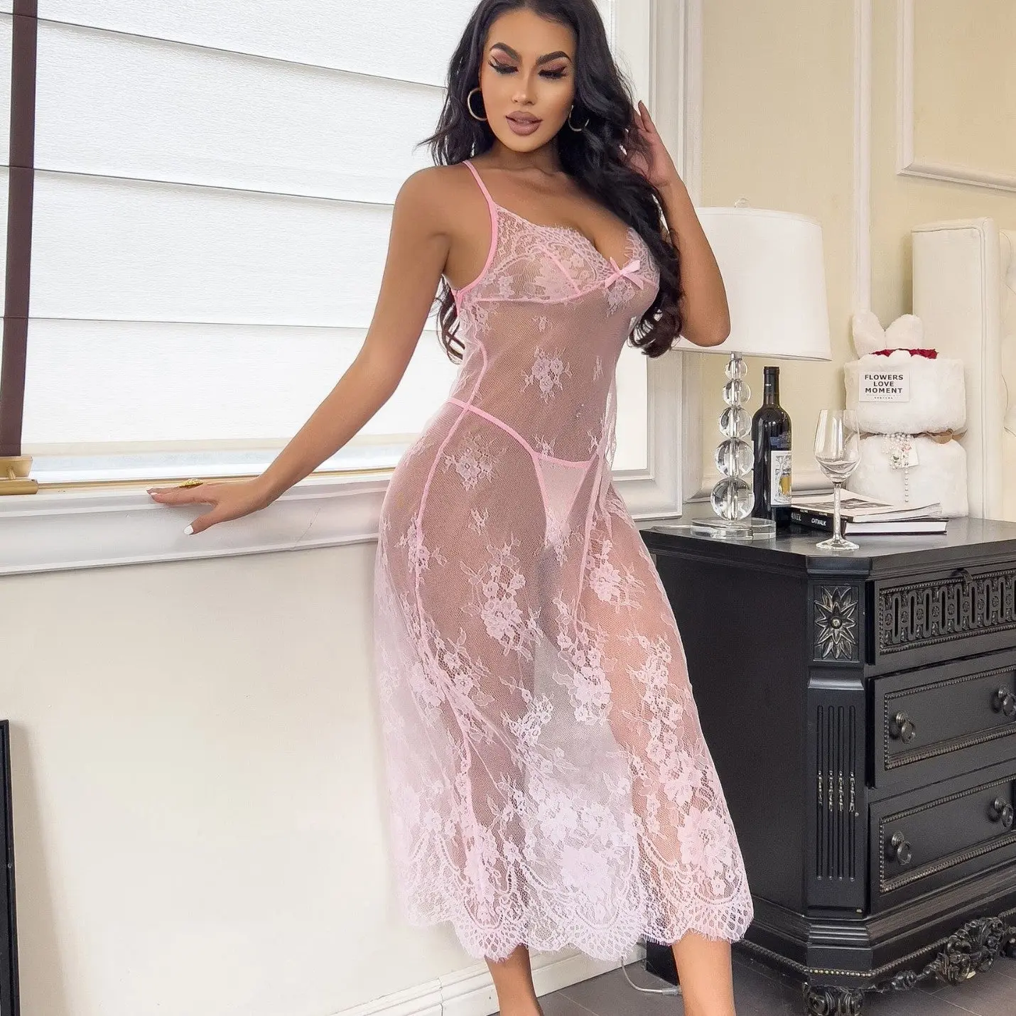 Women's Aesthetic Blush Pink Spaghetti-Strap Bridal Babydoll Lingerie Set, Soft Fabric