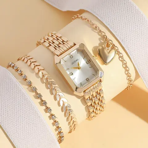 Women's Elegant Fashion Watch & Bracelet Set, Casual Trendy Wristwatch & Heart Charm Bracelet, Fashionable Watch Set As Gift for Women & Girls