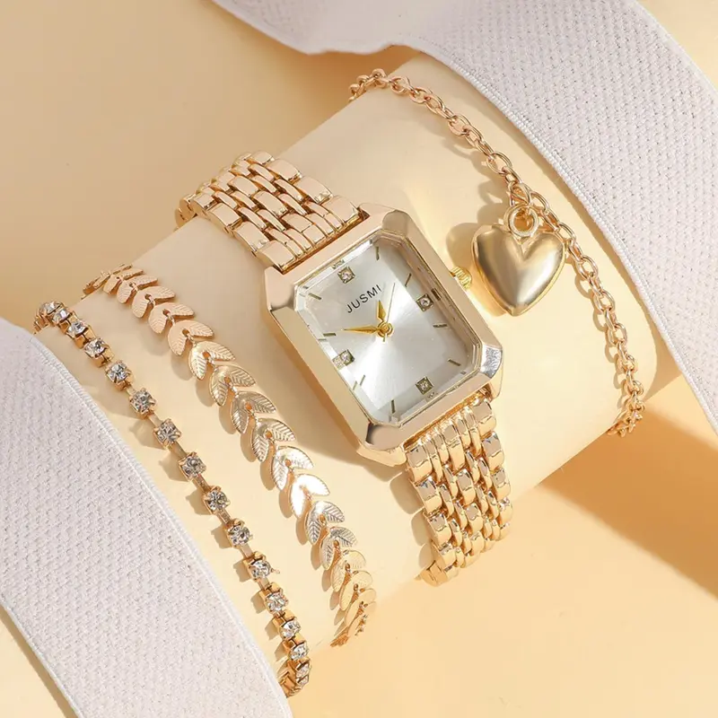 Women's Elegant Fashion Watch & Bracelet Set, Casual Trendy Wristwatch & Heart Charm Bracelet, Fashionable Watch Set As Gift for Women & Girls