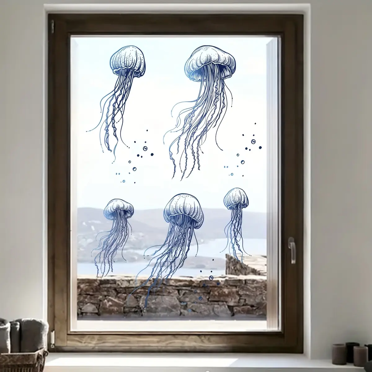 A set of three (20*30cm*3pcs) creative blue line jellyfish bubble static stickers, double-sided visible, 20 filaments, background decoration, beautiful window stickers, Wall Art Stickers (D17520-KR)