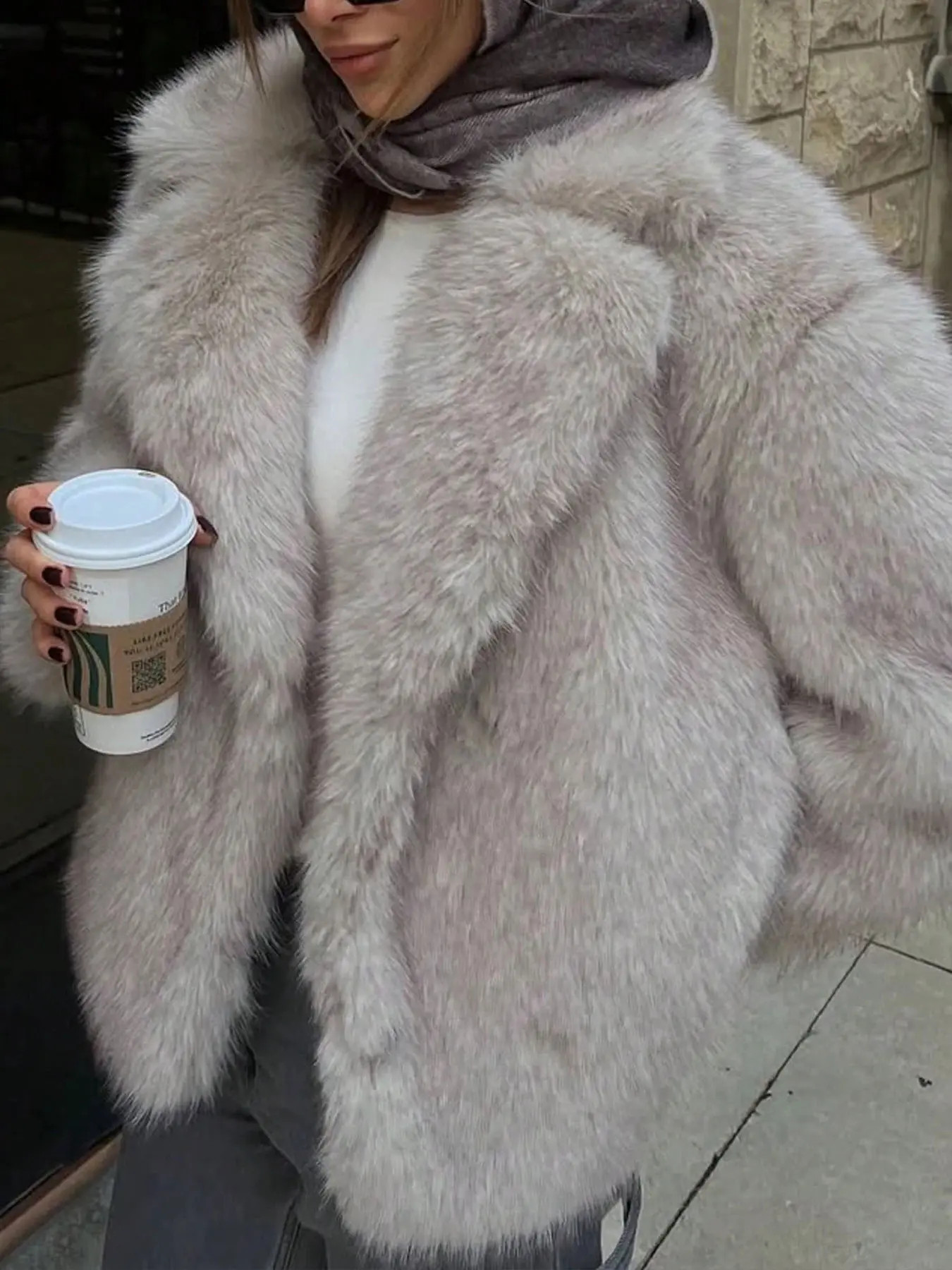 Women's Plain Collar Faux Fur Effect Long Sleeves Fitted Jacket, Autumn Winter Fashion Streetwear, Versatile Warm Coat for Ladies