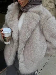 Women's Plain Collar Faux Fur Effect Long Sleeves Fitted Jacket, Autumn Winter Fashion Streetwear, Versatile Warm Coat for Ladies