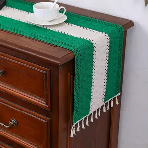 Macramé Style Two-Tone Table Runner, Bohemian Style Table Decoration, Polyester Material for Farmhouse Home Decor, Versatile for Many Occasions