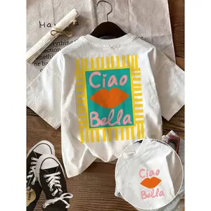 Womens Cotton Short Sleeve Graphic Tee Ciao Bella Lip Print Cute Summer Casual Streetwear Top Soft Breathable Everyday Outfit For Vacation Weekend And Coffee Runs