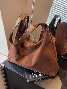 Women's Vintage Suede Shoulder Tote Bag, Hobo Shoulder Bag, Large Capacity Casual Handbag, Patchwork Design, Versatile & Stylish Accessory