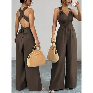 Graceful Lady V Neck Jumpsuit with Belt Straight Cut Women Jumpsuit |   Side-tie Wide-leg Pants Solid Color Pants Set |   Suitable for weddings, churches, business occasions, machine washable clothing - can be worn all year round (non-elastic)