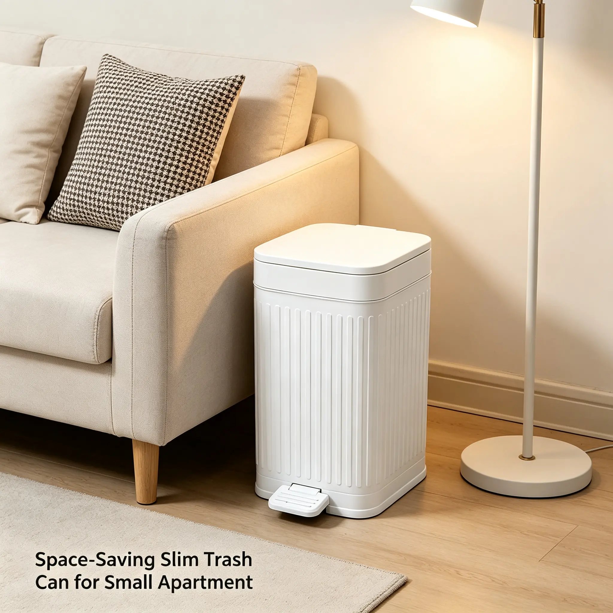 Matte Ribbed Pedal Trash Bin with Lid - Touchless Smart Odor-Lock Plastic Bin, Soft-Close Top Rim, Knee-Leg Operated, Corner-Friendly for Neutral Japandi Bedrooms, Home & Office Waste Disposal