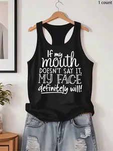 Women's Letter Print Tank Top, Casual Round Neck Top for Yoga Gym Workout, Ladies Sportswear for Summer, Tanktop Menswear, Athletic Tank Tops