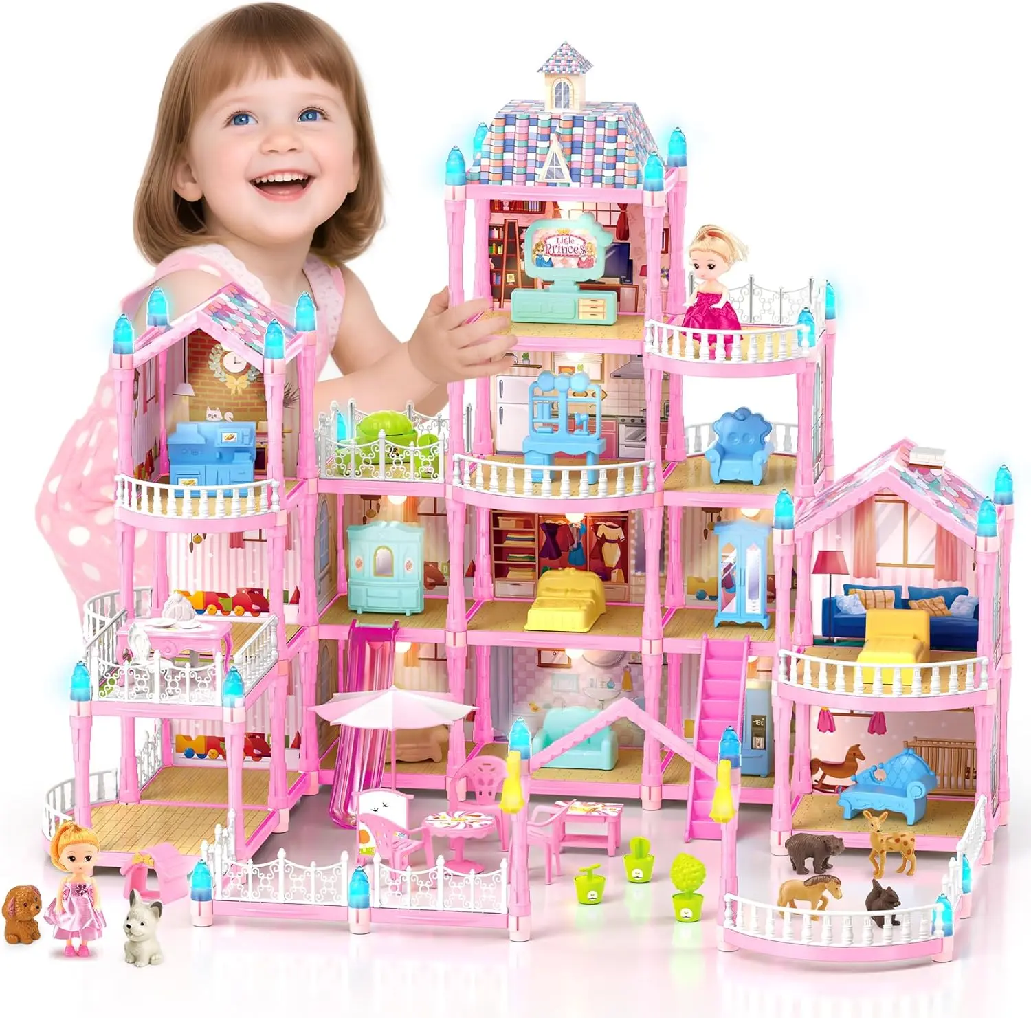 Valentine’s Day Gift 4-Story Dream Doll House with 15 Rooms with 2 Dolls, and Accessories, LED Light, Dolls, Playground, Pets Playhouse Toy Gift for Girls Aged 3-13