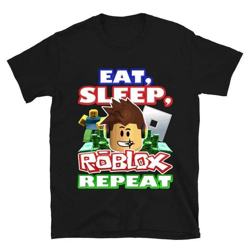 Men's Vintage Graphic Top, Casual Short Sleeve Crew Neck Cotton Menswear with 'Eat Sleep Roblox Repeat' Print for All Seasons