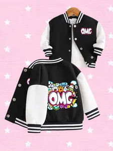 Girls' Fun Omg Cartoon Monster Print Baseball Jacket, Cute Graffiti Style Kids Casual Coat, Artistic Fashion, Ages 1-8