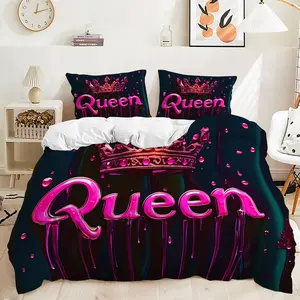 2/3pcs Luxurious and Elegant Purple Crown Queen Pattern Decorative Duvet Cover Set,Regal Bedding Set. Soft and Comfortable, It Creates a Powerful and Sophisticated Bedroom Atmosphere. Includes 1 or 2 Pillowcases - Unfilled / Zip Closure.