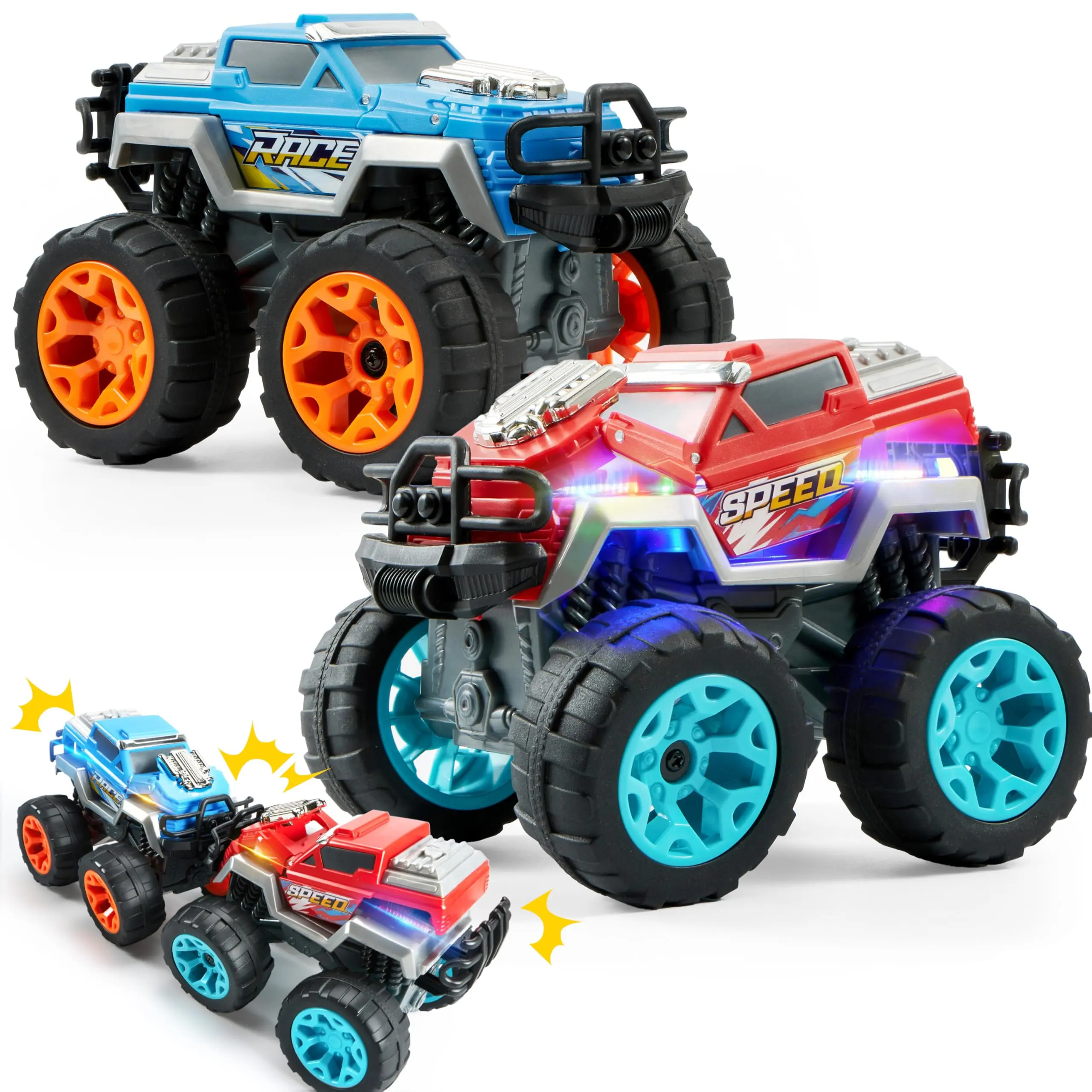 Jova Vroomix 2 Pack Monster Truck Toy Set, Transformable Crash & Easy Reset Car Toys with Light-Up and Engine Sound for Toddlers Boys, Christmas Birthday Gift Toys for 3 Year Old Boys