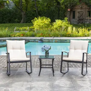 Walsunny 3 Pieces Patio Furniture set,  Outdoor Rocking Chair Set with Removable Cushion, Swing Conversation Sets with Porch Chairs and Glass Coffee Table for Yard, Pool Swing, Beige