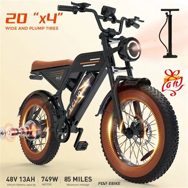 Eclio F02 Electric Bike for Adults, 749W Ebike 20mph with 48V 13Ah Removable Battery, 20×4'' FAT Tires & LCD Display, Front Headlight & Disc Brakes,7-Speed Dual Suspension Conquer Trails,Supports 330lbs,Ideal for Commuting & Urban Leisure Riding