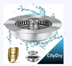 CityDry-All Metal Stainless Steel 3-in-1 Kitchen Sink Drain Strainer and Stopper Combo, Upgraded Sink Stopper, Anti-Clog Stainless Steel Basket Strainer with Handle, Suitable for US Standard 3-1/2 Inch Drains