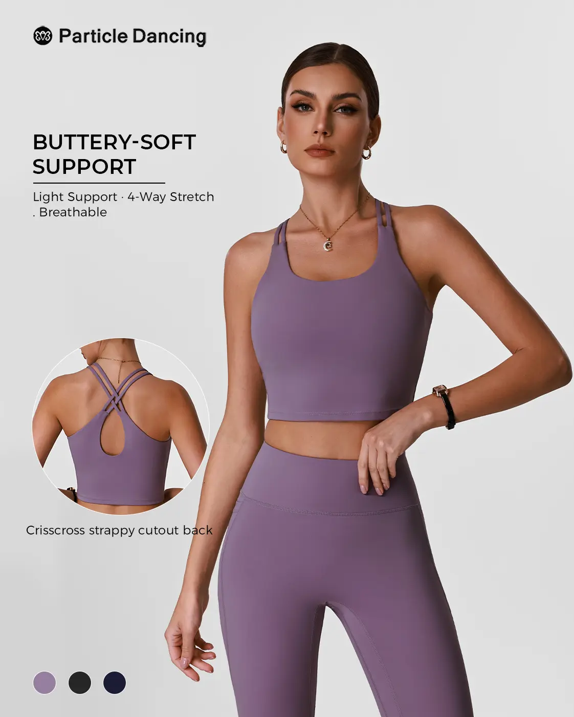 Women’s Longline Sports Bra, Strappy Cross Back Workout Bra Top, Soft Stretch Light Support Yoga Bra, Purple Crop Sports Bra for Pilates, Gym & Everyday Wear