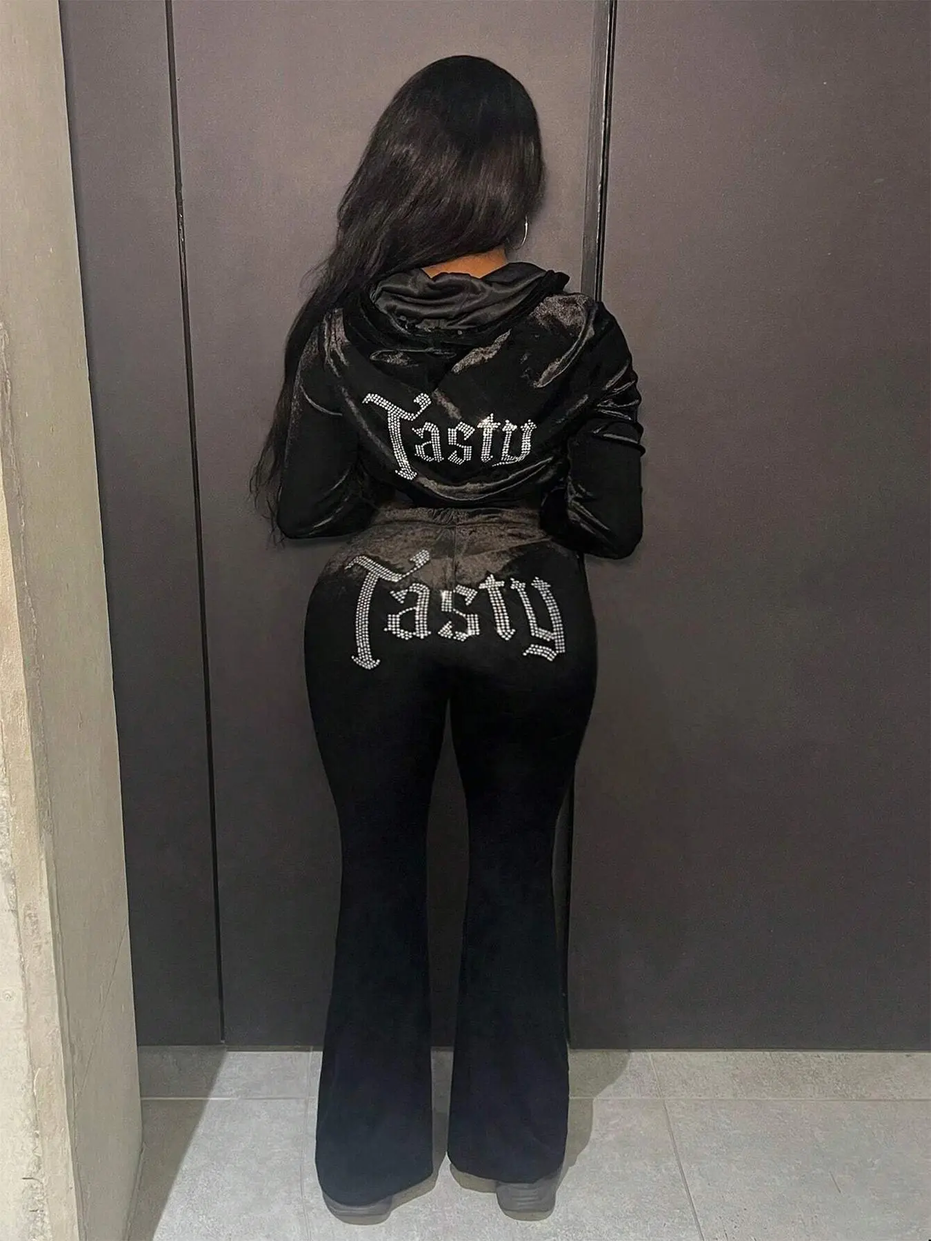 Women's Letter Rhinestone Pattern Zip Up Crop Long Sleeve Jacket & Elastic Waist Pants Two-piece Set, Womenswear, Casual Fashion Two Piece Outfits for Daily Wear, Ladies Clothes for All Seasons, Cozy Lounge Set