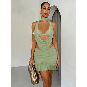 Women's Summer Mesh Draped Neck Solid Color Vacation Ruched Set, Suitable For Party, Club, Rave