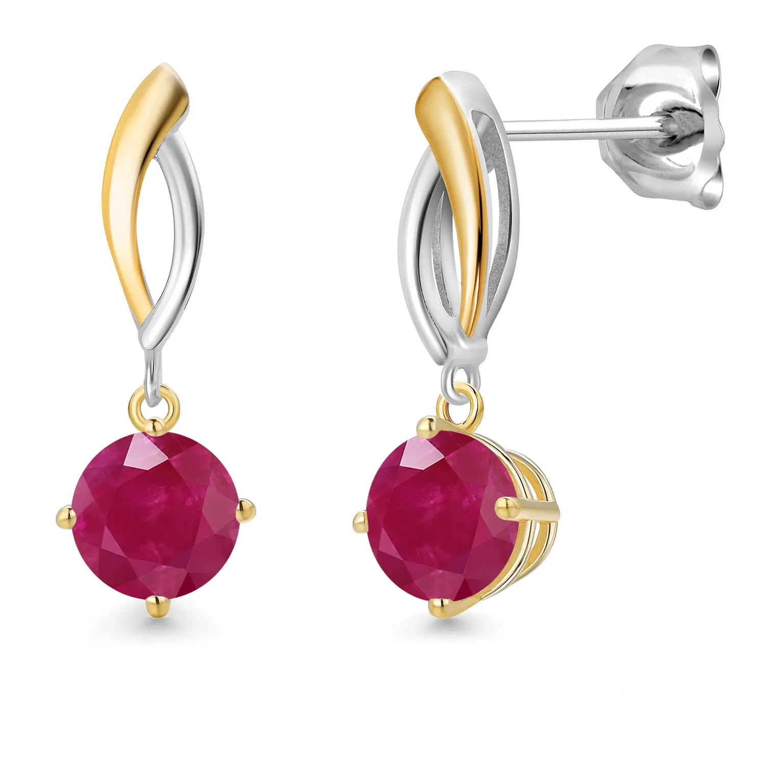 Gem Stone King 925 Silver and 10K Yellow Gold Red Ruby Dangle Earrings for Women | 2.00 Cttw | Gemstone July Birthstone | Round 6MM