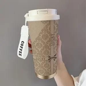 Lucky Gift Bow Coffee Cup Set, 530ML Insulated Travel Mug with Straw and Lid, Leak-Proof Handle, Perfect for Hot/cold Drinks, Drinkware