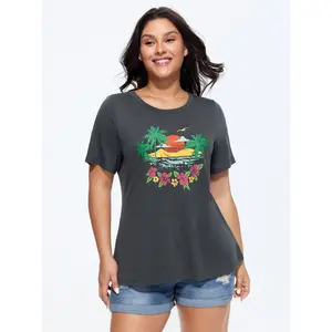BLOOMCHIC Women's Plus Size Supersoft Shortsleeve Island Print T-Shirt [M-6X] - Spandex Fabric, Comfortable Fit, 2026 Summer Vibes Garment, Swimweek Deals