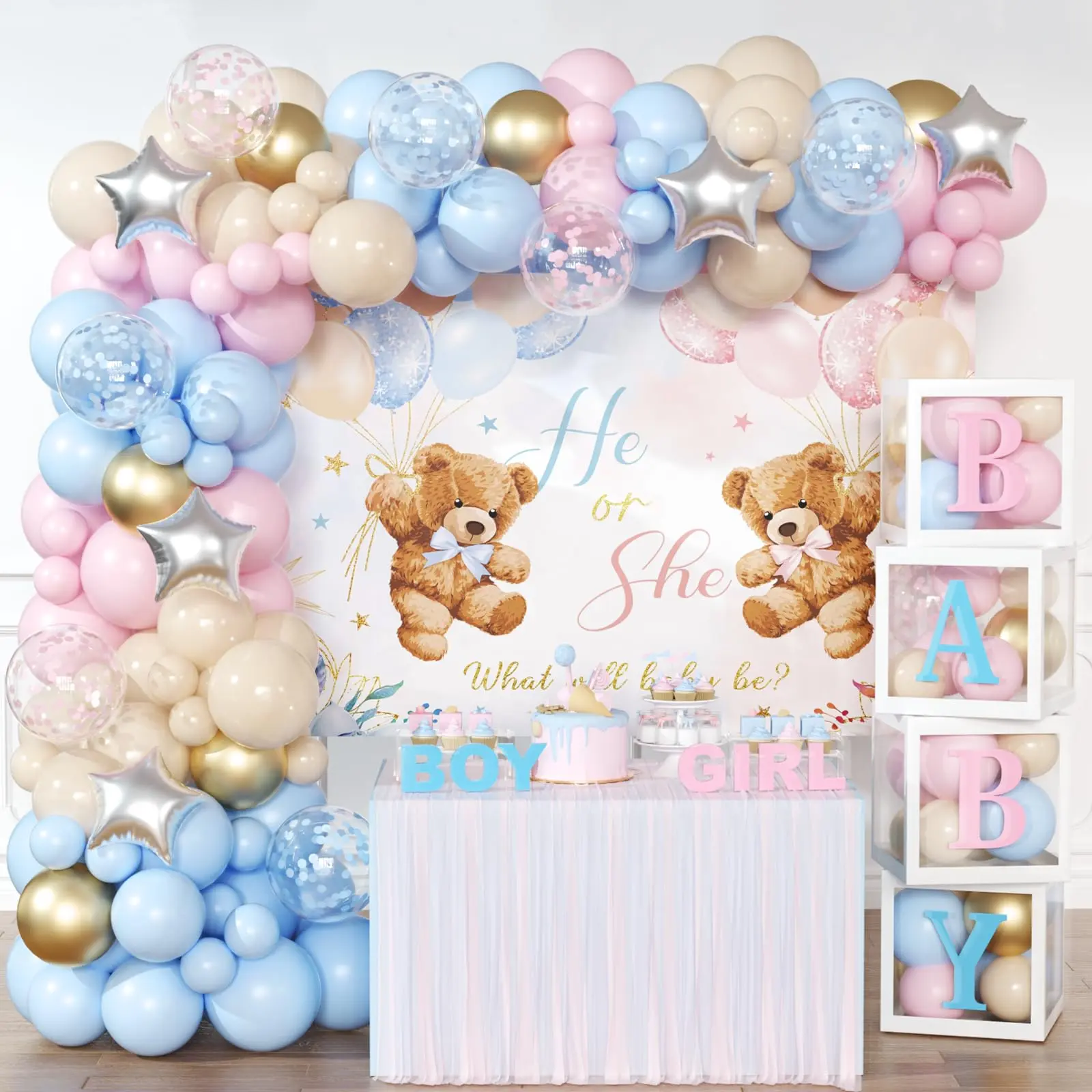 Bear Gender Reveal Decor Kit, Multi-Size Latex Paper Cloth Pink & Blue Balloons Arch, Baby Box with Letters, Backdrop for Baby Shower & Revelacion Genero Party Supplies