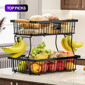 Kitchen Fruit & Vegetable Storage Rack, Double Tiers 2-Layer Metal Basket with Hook, Multifunctional Organizer for Kitchen & Bathroom