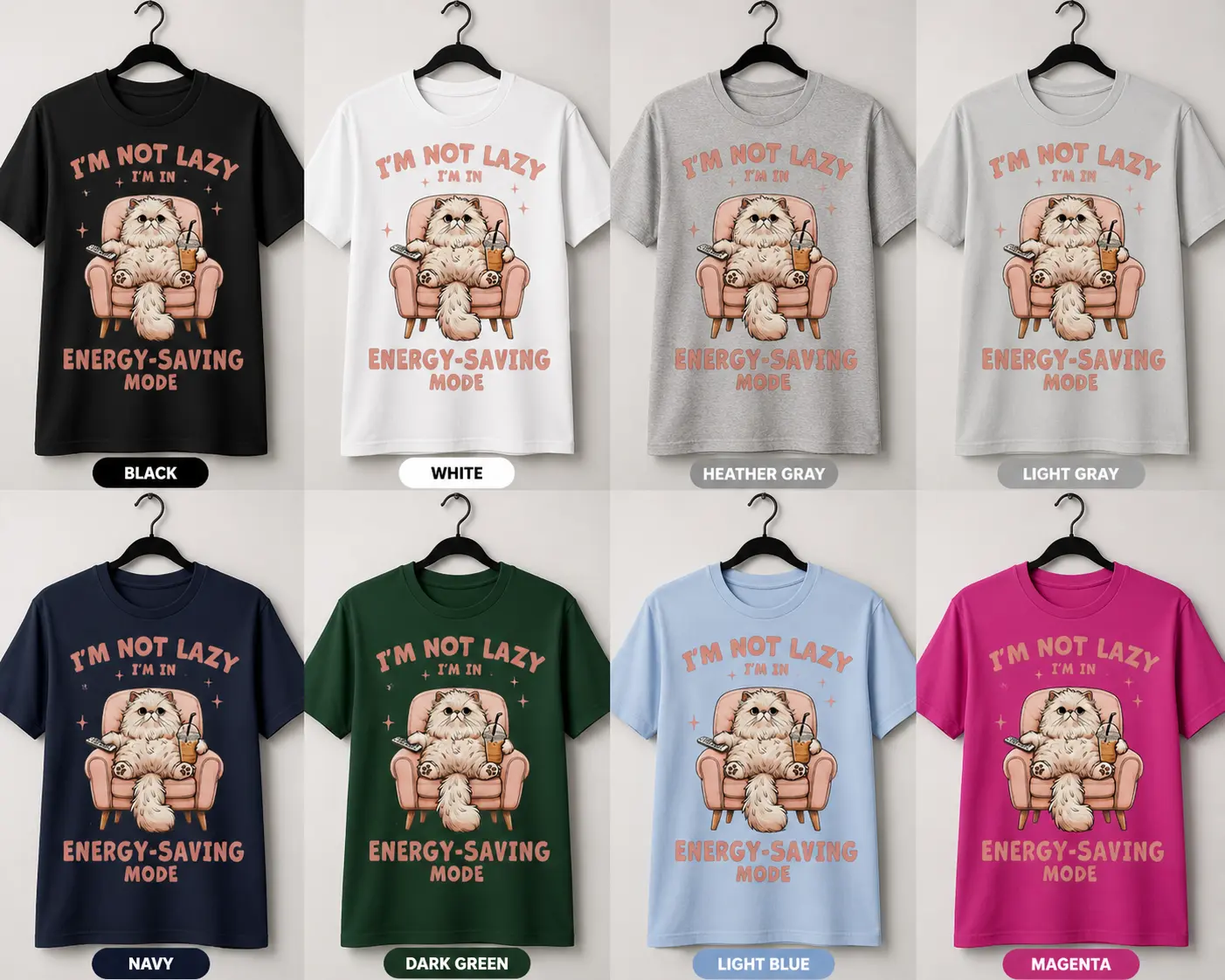 Energy saving mode lazy cat grafic tee- Personalized Custom Tshirt Shortsleeve Ultra-soft Breathable Cotton Blend Relaxed Unisex Fit Vibrant Design Perfect Gift for cat owners  - Top
