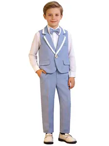 Boys Contrast Trim Lapel Suit Vest 3-Piece Set | Vest + Pants + Matching Bow Tie | Blue/Light Gray | Fits 100-150cm | Perfect for Weddings, Performances, Parties, Birthdays, Halloween, Christmas & Thanksgiving (No Shirt Included)-XT92009