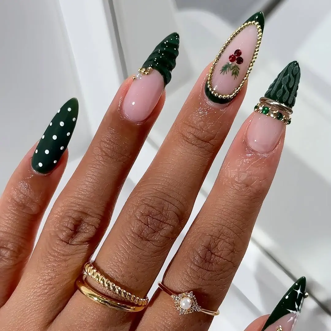 NailKavie Forest Noel Dark Green Tree Nails 3D Textured Design Polka Dot Mistletoe Winter Christmas Press On Nails