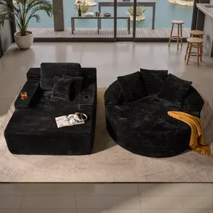 Weaxty 49'' Boneless Chaise Lounge with Cup Holders&58'' Circle Couch, Upholstered Sofa Bed with Throw Pillows and Armrests, Indoor Luxurious Plush Corduroy Chair Bed for Living Room, Fully Assembly