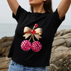 Cherry Bow Rhinestone Design Women's T-Shirt Cherry Pattern Summer Casual Wear Gift For Her