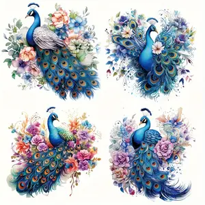 6-Piece DIY Watercolor Peacock Flower DTF Heat Transfer Stickers - Multicolor Vinyl Iron-on Patches with Plastic Adhesive Backing, Suitable for T-Shirts, Masks, Jeans, Backpacks - Washable Fabric Decal Transfers