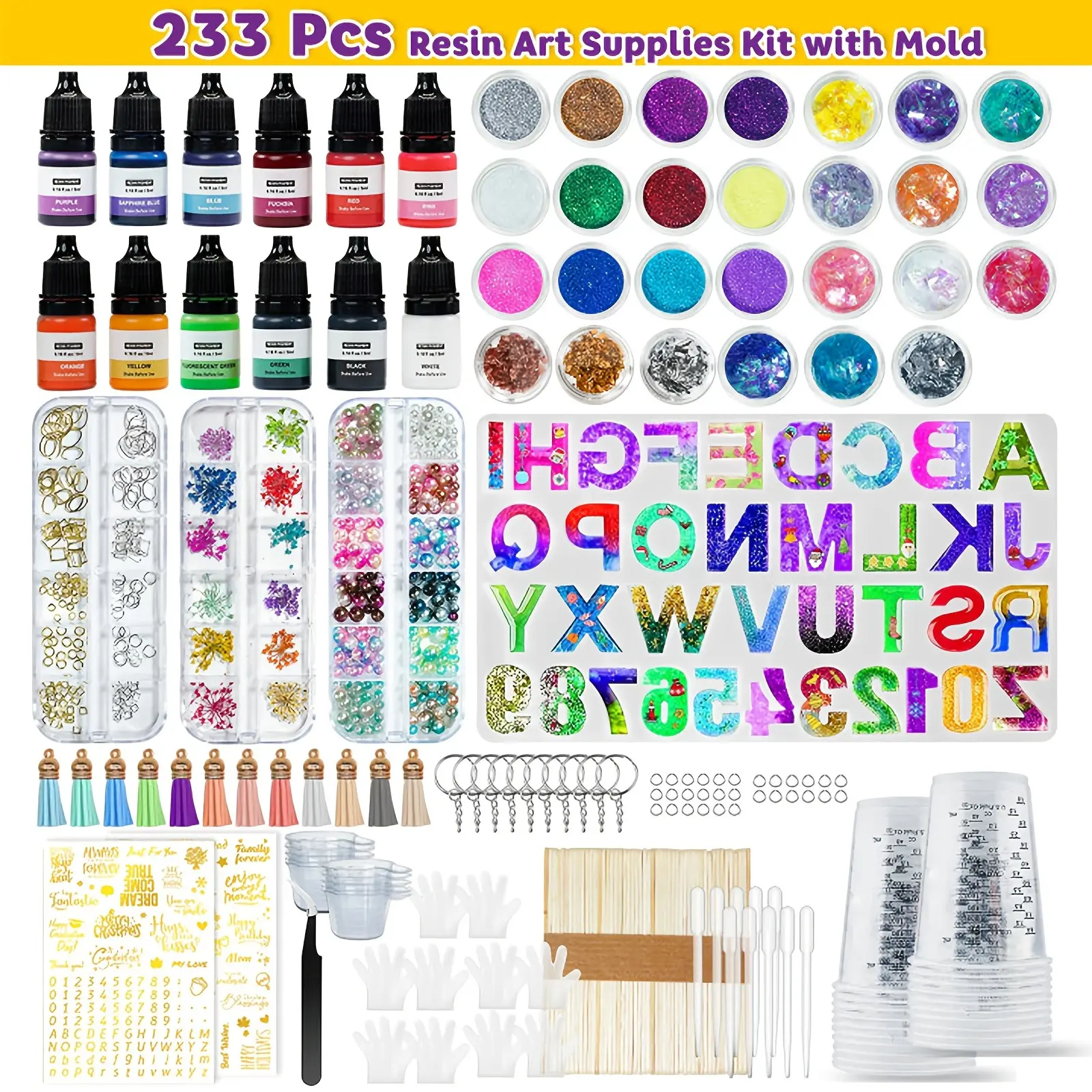 JANCHUN 233pcs Epoxy Resin Set – Perfect for DIY Bag Chains, Pendants, Keychains, Door Numbers, Jewelry Making.  Ideal Beginner Tools,Halloween & Christmas Gift