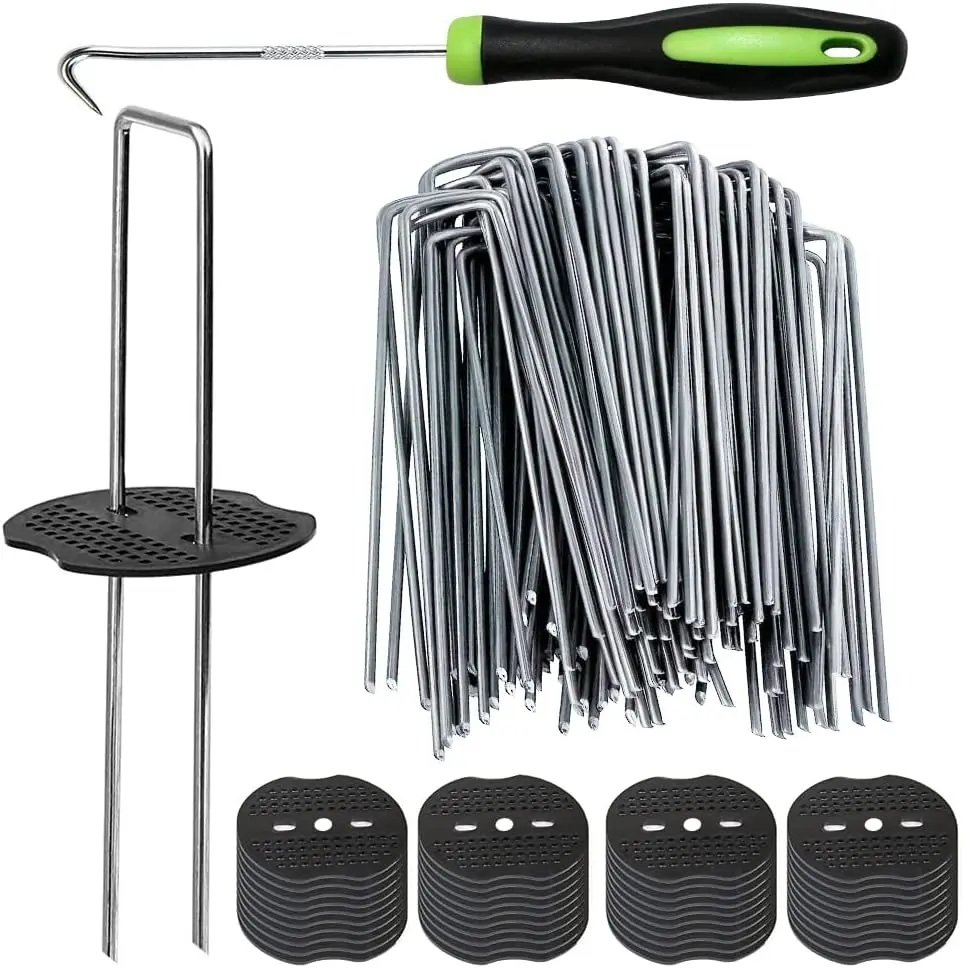 50pcs 6-Inch 11-Gauge Galvanized Green Artificial Turf Stakes Staples with 50pcs Buffer Washers, Heavy-Duty Outdoor Ground Pins for Grass Weed Barrier Sod Fabric