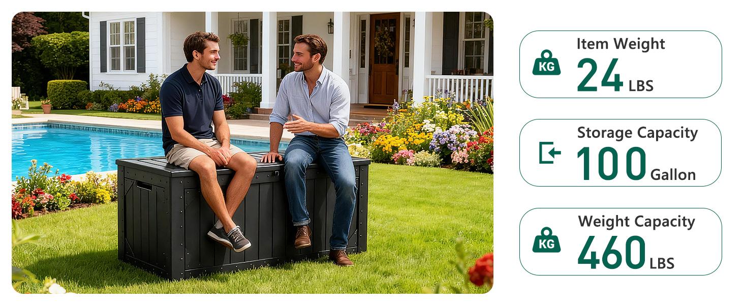 100 Gallon Outdoor Deck Storage Box -Waterproof Resin Deck Box for Patio Cushions & Gardening Tools, Lockable & UV Resistant, Handles for Patio, Garden, Yard - Weatherproof#Summervibes