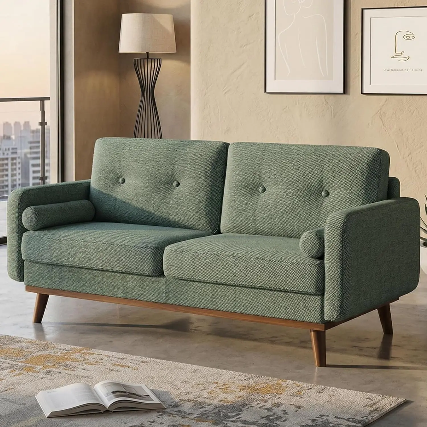65" Loveseat Sofa, Mid Century Modern Love Seat Couches for Living Room, Button Tufted Sofa Couch with Wood Legs & Trim for Living Room, Bedroom, Office, Linen, Green