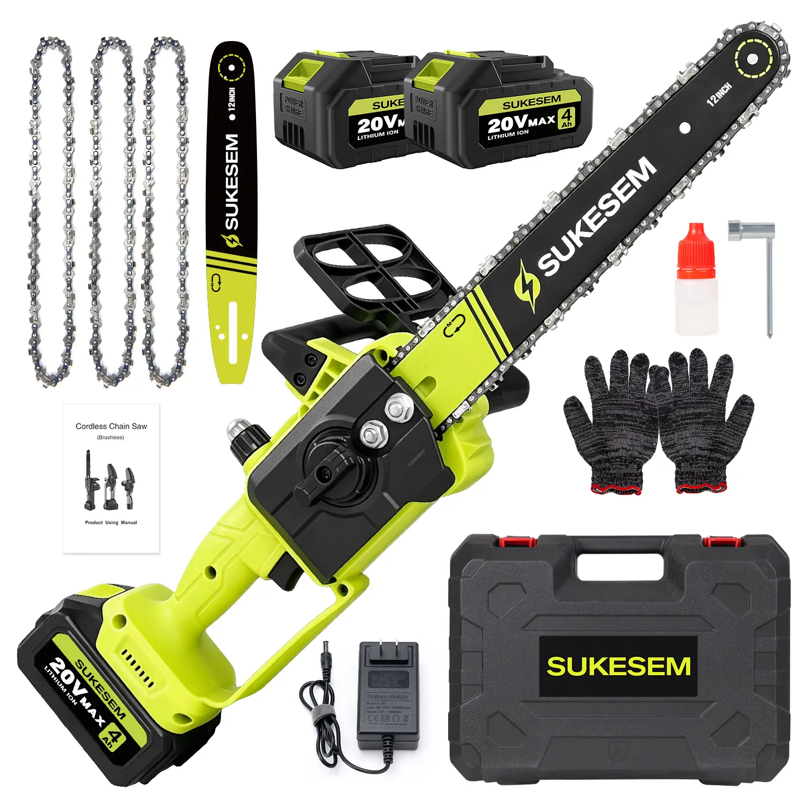 SUKESEM 12-Inch Cordless Chainsaw, 4.0Ah Lithium Battery & Charger Included, Tool-Free Chain Tightening, Auto Lubrication System, Compact Handheld Saw for Tree Pruning, Wood Cutting