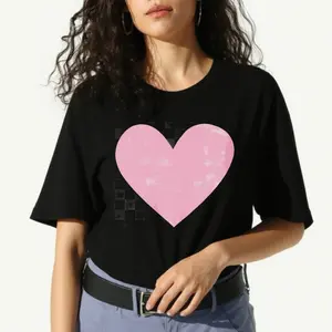 women's T-shirt Pink Heart Print Solid color printed short sleeved women's top White, black, khaki Fashion daily women's clothing