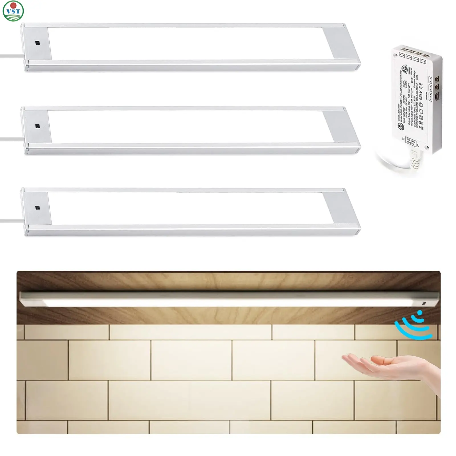 VST Hand Wave Activated Under Cabinet Lights Plug in, Closet Lights, Stepless Dimming Lighting for Kitchen Shelf Cupboard Closet Workbench (12in 3Pack 4000K)