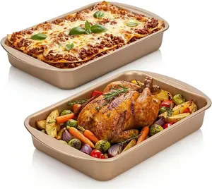 9x13 Nonstick Baking Pan 2 Pack - Heavy-Gauge Carbon Steel Cake Pan, Warp-Resistant & PFOA Free, Even Heating for Lasagna, Sheet Cake, Brownies & Meal Prep, Wide Golden Handles