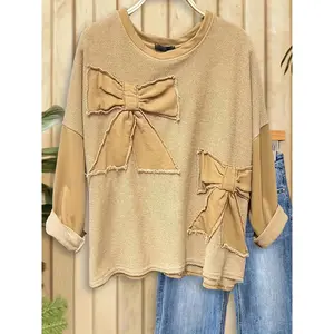 Women's Solid Patchwork Bow Applique Long Sleeve Polyester Blouse - Round Neck, Drop Shoulder, Regular Fit Shirts, Casual Vintage Top for Autumn, Winter Daily Wear,summervibes
