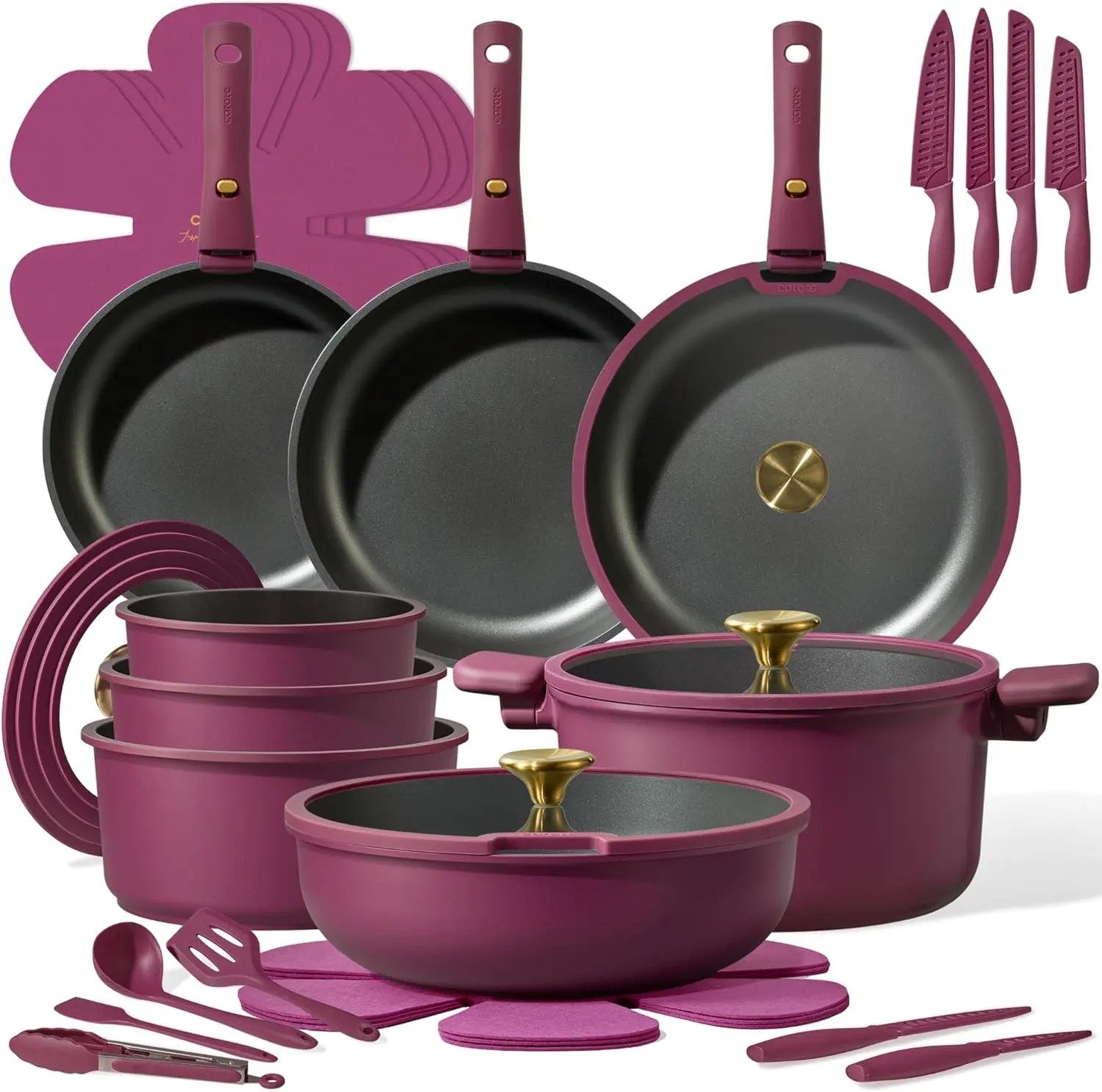 CAROTE 38-Piece Nonstick Pots and Pans Set with Knife Set, Cookware Sets with Detachable Handle, Kitchen Cooking Set - Camping Cookware, Dishwasher & Oven Safe, Induction Compatible