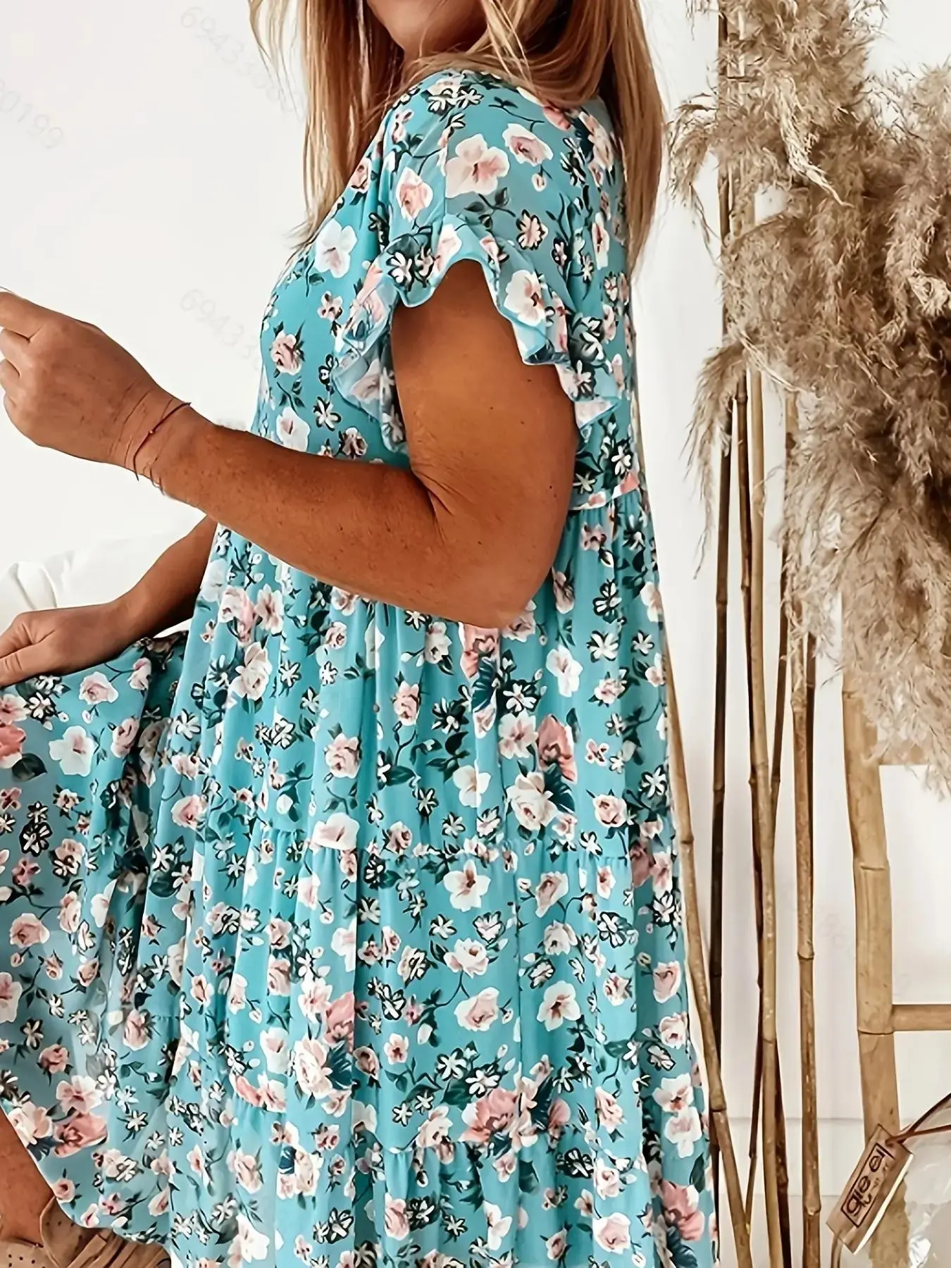 LYD- Women's Floral Print Ruffle Vintage Smock Dress, Lady Casual Bohemian  Fashion Short Sleeve Round Neck