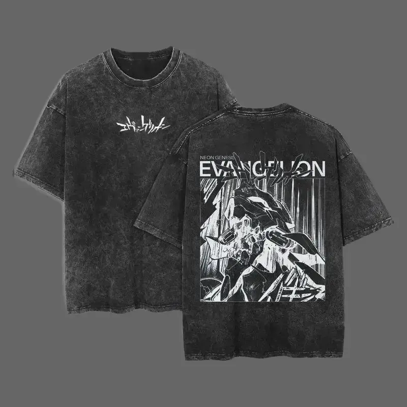 Phantom Menswear Men's Classic Round Neck Seamless Oversized Soft Printed Shortsleeve Washed Heavy Cotton Tshirt, Neon Genesis Evangelion Cartoon T-shirts, 1-Piece Graphic Top Gift for Anime Fans