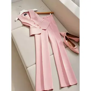 Women'S Elegant Pink Suit Set - Sleeveless V-Neck Blazer with Button Details, Matching Pants, and Footwear, Polyester, All-Season Wear, Casual Outing Attire|Sleeveless Blazer|Polyester Fabric Chic Collar Womenswear Trouser
